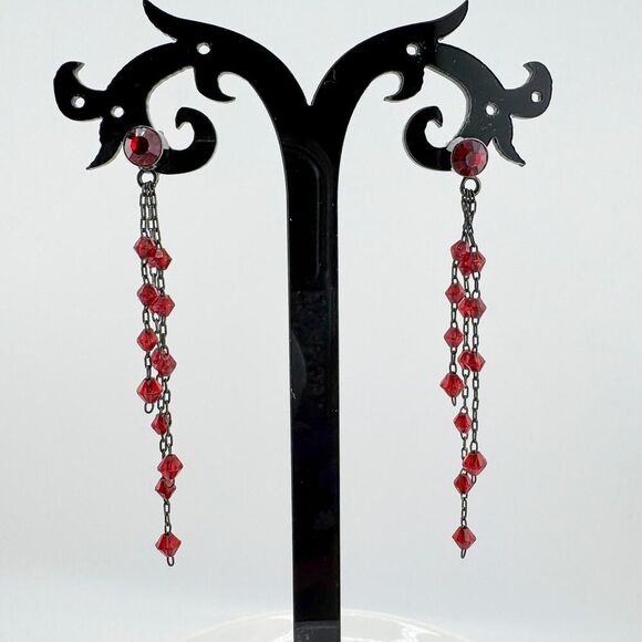 Vintage Dangle Earrings Red Beads Retro Glamour Gatsby Elegant Vampire - Picture 3 of 8